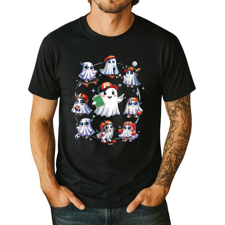 Halloween PE Teacher Ghost Playing Sports Physical Education Men's Casual T-Shirt