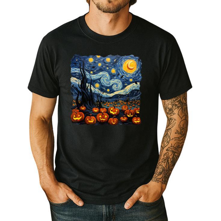 Halloween Pumpkin Starry Night Van Gogh Art Teacher Men's Casual T-Shirt