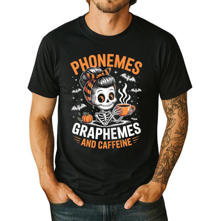 Halloween Skeleton Teacher Phonemes Graphemes Caffeine Lover Men's Casual T-Shirt