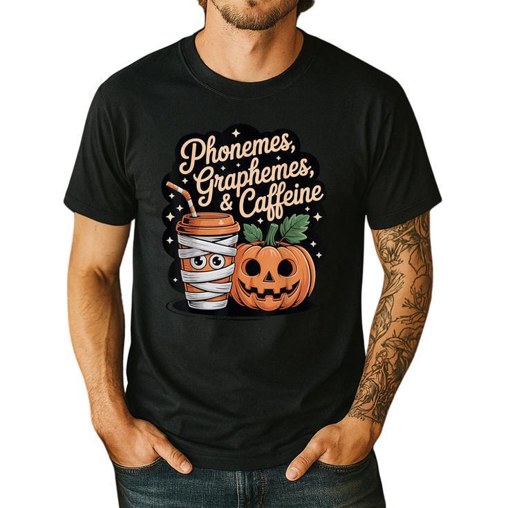 Halloween Teacher Phonemes Graphemes Caffeine Coffee Lover Men's Casual T-Shirt