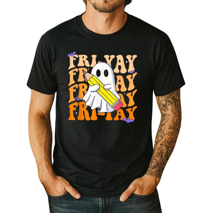 Happy Fri-Yay Friday Lovers Groovy Teacher Life Halloween Men's Casual T-Shirt