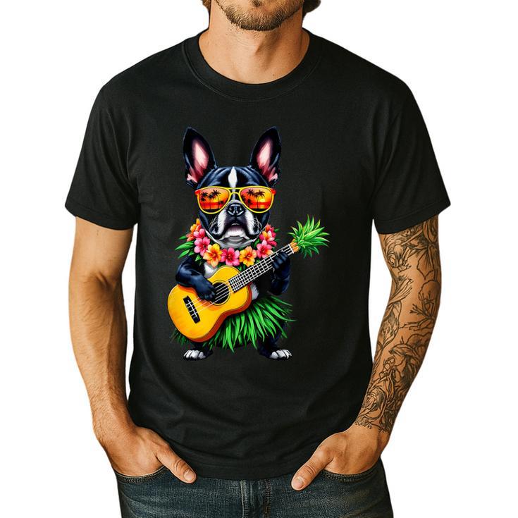 Hawaiian Boston Terrier & Pineapple Ukulele Summer Vacation Men's Casual T-Shirt
