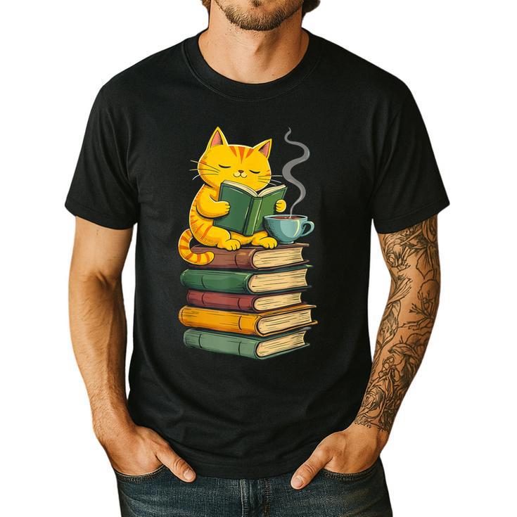 Kawaii Cats Lover Coffee Books Teacher Librarian Cat Men's Casual T-Shirt