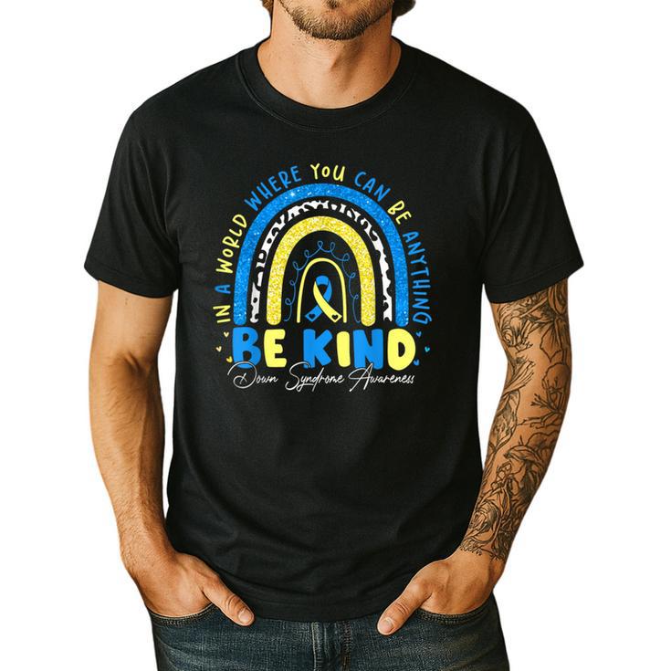 Be Kind Rainbow Down Syndrome Awareness Teacher Blue Yellow Men's Casual T-Shirt
