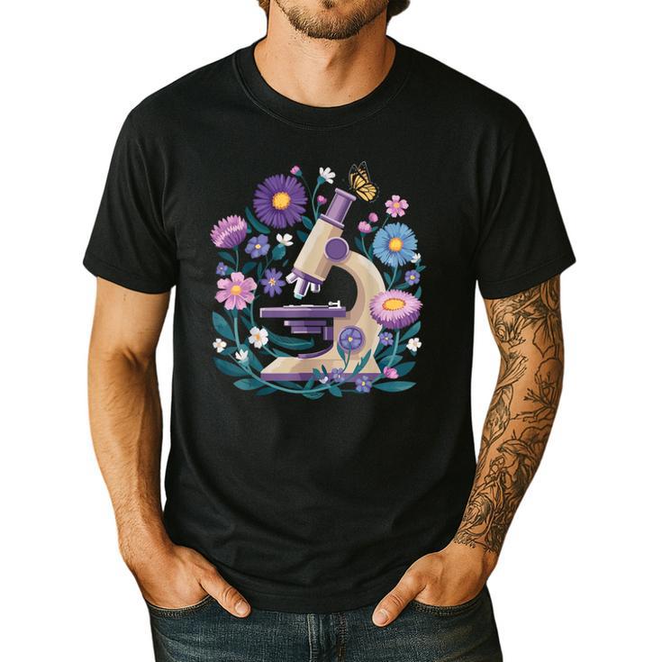 Microscope Flower Butterfly Biology Science Teacher Student Men's Casual T-Shirt