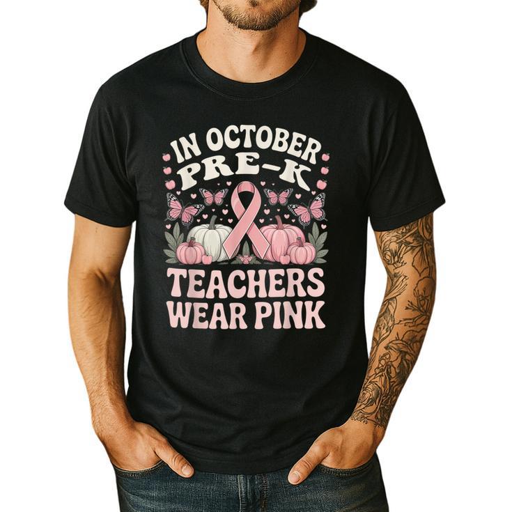 In October Pre-K Teachers Wear Pink Ribbon Breast Cancer Men's Casual T-Shirt