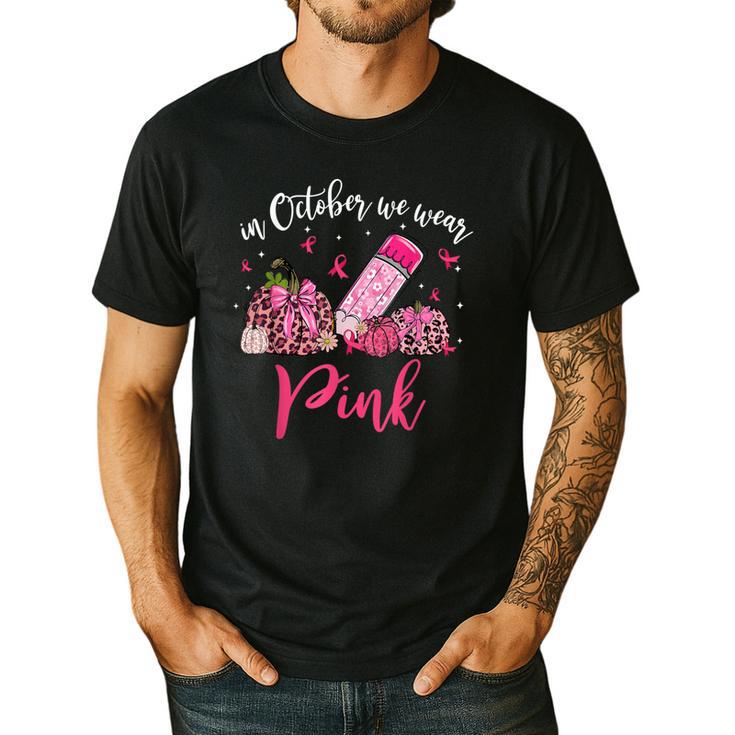In October We Wear Pink Apple Teacher Daisy Breast Cancer Men's Casual T-Shirt