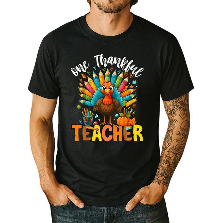 One Thankful Teacher Thanksgiving Turkey Cute Crayon Pencil Men's Casual T-Shirt