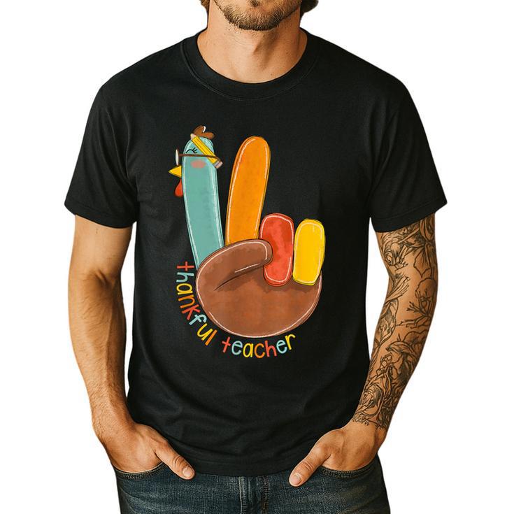 One Thankful Teacher Thanksgiving Turkey Peace Hand Sign Men's Casual T-Shirt