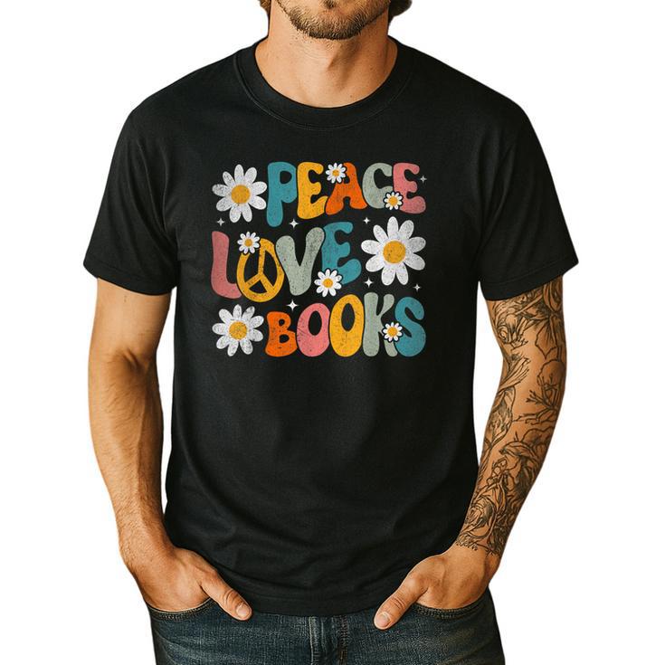 Peace Love Books Bookworm Librarian Reading Teacher Groovy Men's Casual T-Shirt