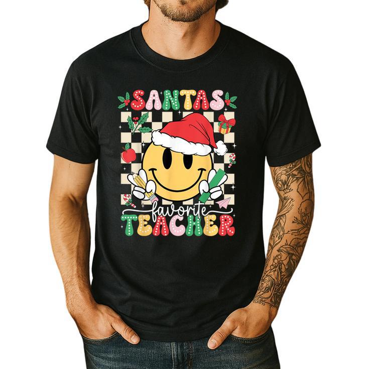 Santas Favorite Teacher Retro Groovy Smile Face Christmas Men's Casual T-Shirt