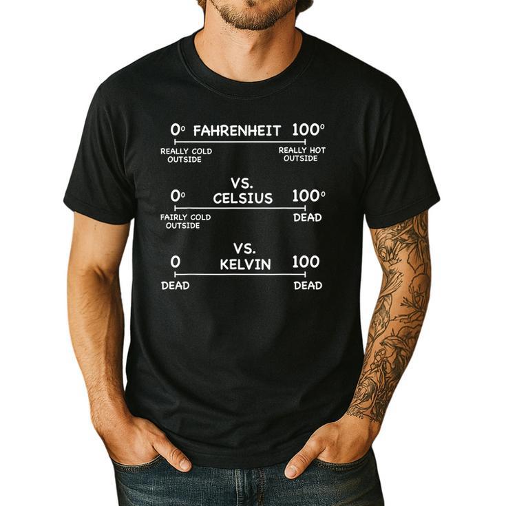Science Teacher Engineering Temperature Scales Fahrenheit Vs Celsius Vs Kelvin Humorous -Adults - Small Short Sleeve Modern V-Neck Cotton Blend Machine Wash Men's Casual T-Shirt