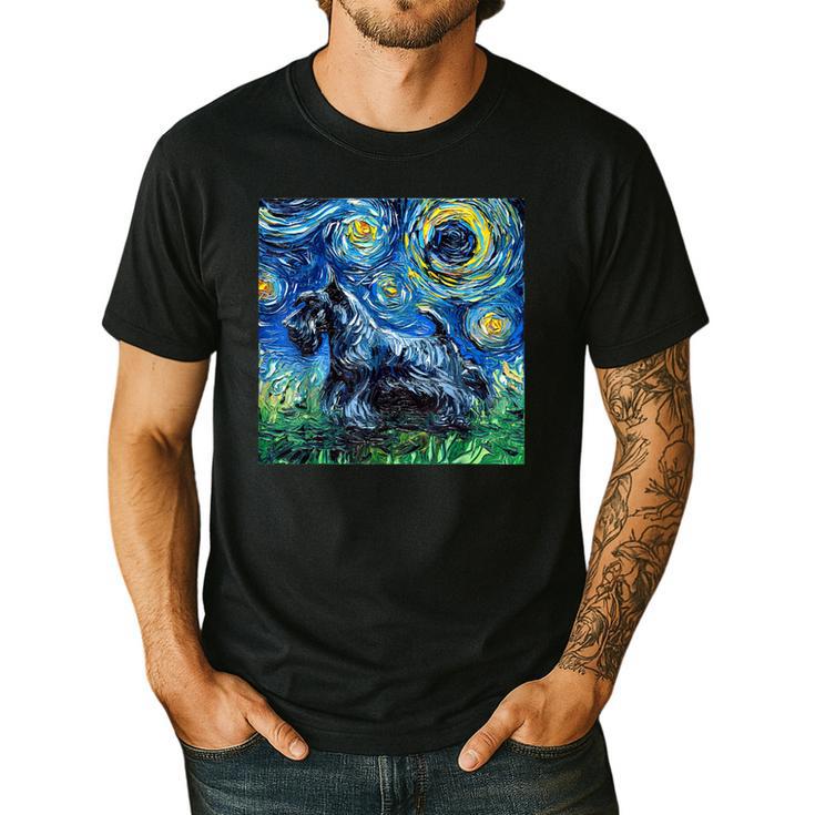 Scottish Terrier Starry Night Scotty Dog Art By Aja Men's Casual T-Shirt