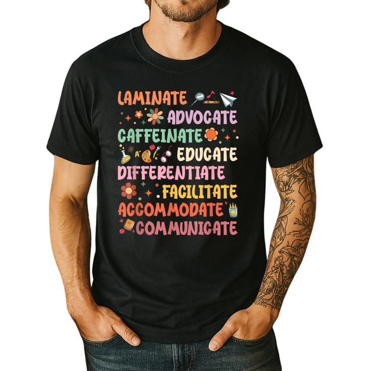 SPED Caffeinate Advocate Laminate Educate Teacher Facilitate For Men Women Men's Casual T-Shirt