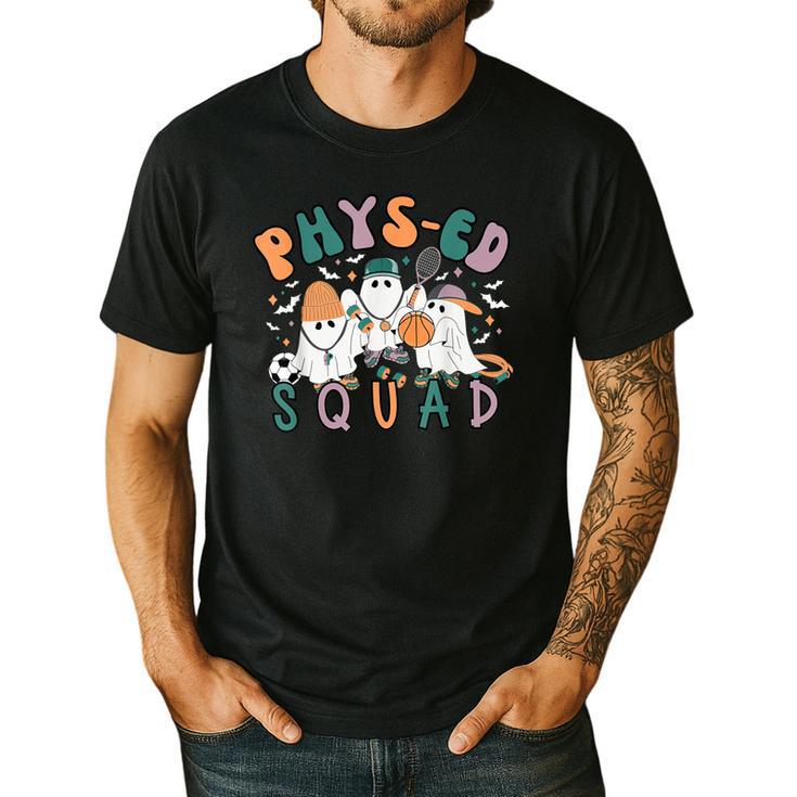 Spooky Ghost PE Teacher Squad Physical Education Halloween Men's Casual T-Shirt