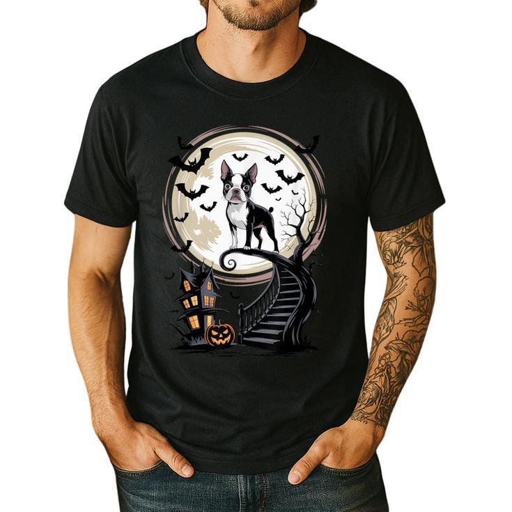 Spooky Halloween Moon Boston Terrier Boston Bull Bostie Men's Casual T-Shirt