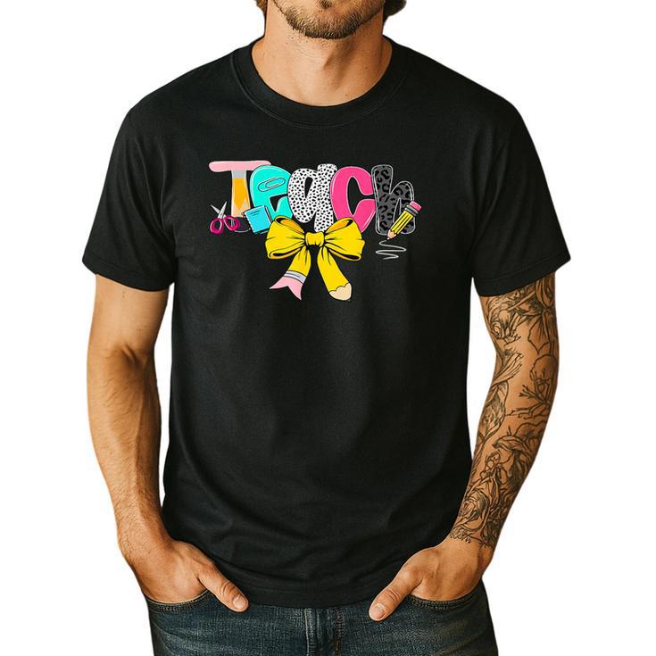 Teach Coquette Bow Teacher Back To School Happy First Day Men's Casual T-Shirt