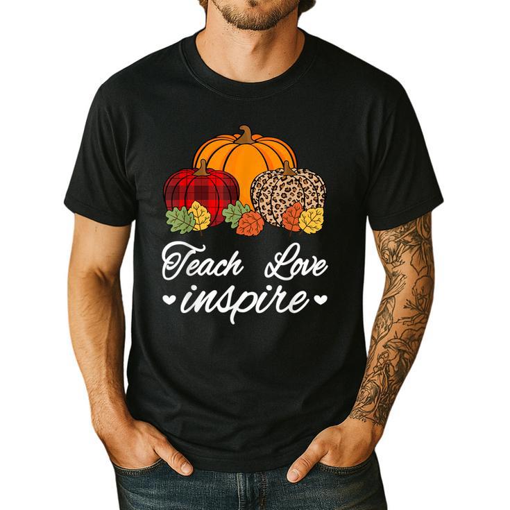Teach Love Inspire Autumn Fall Plaid Leopard Pumpkin Teacher For Men Women Kids Men's Casual T-Shirt