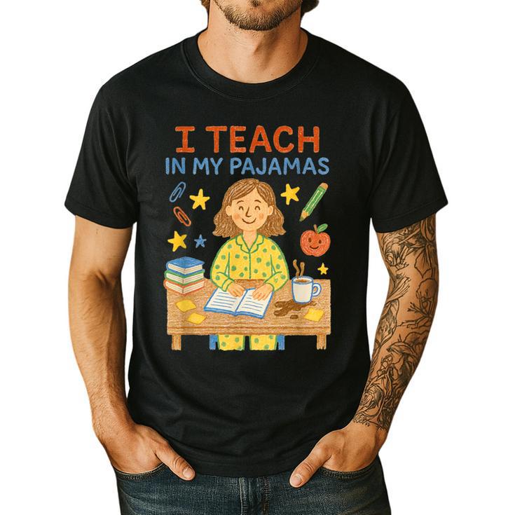 I Teach In My Pajamas Crayon Home School Teacher PJs Men's Casual T-Shirt