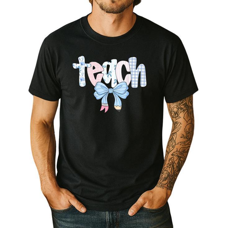 Teach Teacher Coquette Bow Pencil Back To School First Day Men's Casual T-Shirt