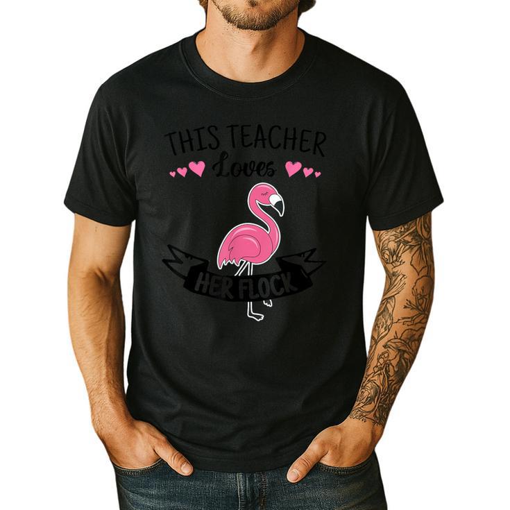 This Teacher Loves Her Flock Cute Flamingo Teacher Men's Casual T-Shirt