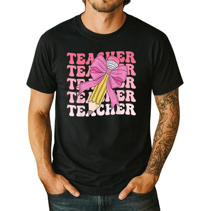 Teacher Pencil Back To School Groovy Pink Teacher First Day Men's Casual T-Shirt