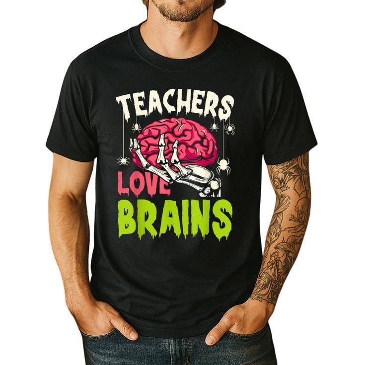 Teachers Love Brains Skeleton Halloween Teacher Funny Men's Casual T-Shirt