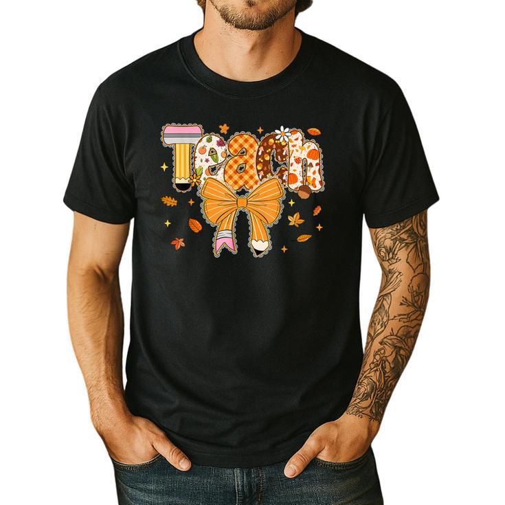 Thanksgiving Teacher Pencil Bow One Thankful Teacher Fall Men's Casual T-Shirt