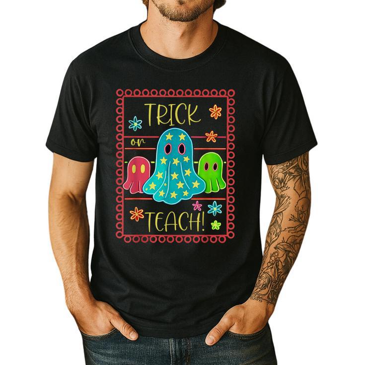 Trick Or Teach Neon Ghost Flower Teacher Spooky Halloween Men's Casual T-Shirt