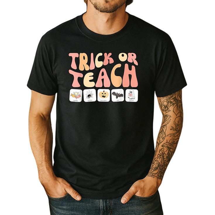Trick Or Teach With Symbols Special Education Teacher Spooky Men's Casual T-Shirt Trick Or Teach With Symbols Special Education Teacher Spooky Men's Casual T-Shirt