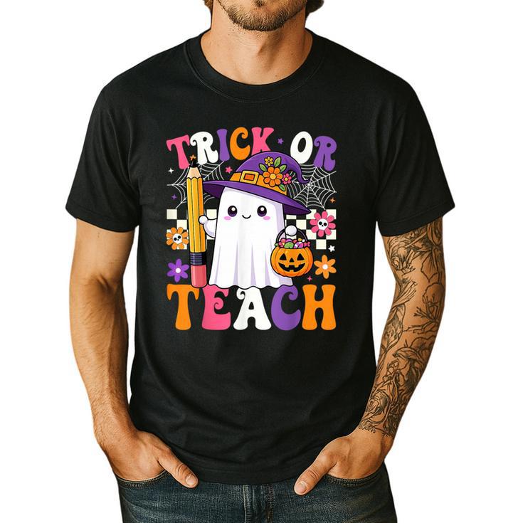 Trick Or Teach Teacher Pencil Ghost Halloween Teacher Men's Casual T-Shirt