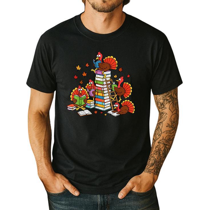Turkey Reading Books Fall Thanksgiving Teacher Librarian Men's Casual T-Shirt