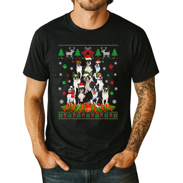 Ugly Sweater Christmas Tree Boston Terrier Dog Xmas Pajama Men's Casual T-Shirt