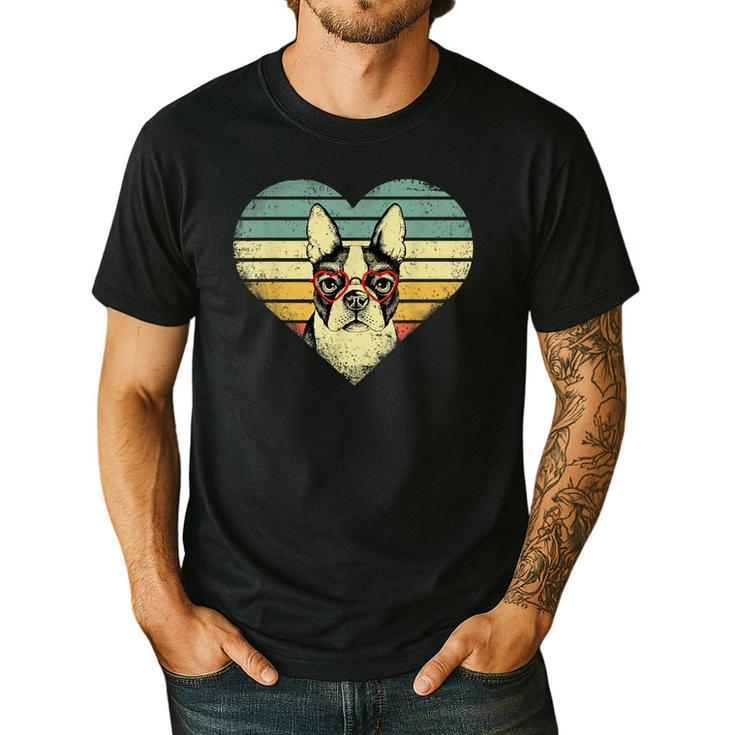Vintage American Boston Terrier Lovers Valentine's Day Men's Casual T-Shirt