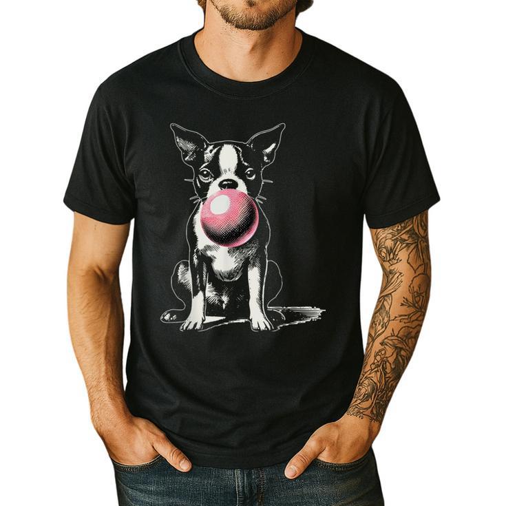 Vintage Boston Terrier Blowing Bubble Gum American Gentleman Men's Casual T-Shirt