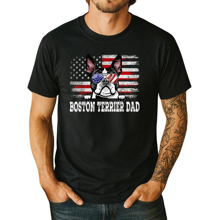 Vintage Boston Terrier Dad American Flag Father's Day Men's Casual T-Shirt