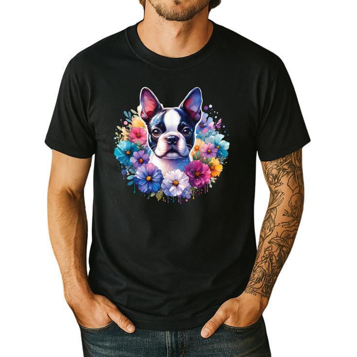 Watercolor Floral Boston Terrier Mama Dog Lover Mother's Day Men's Casual T-Shirt
