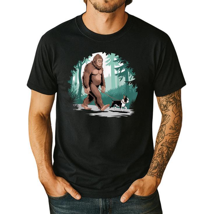 Whimsical Forest Adventures Sasquatch Bigfoot Walking Boston Terrier Dog Lovers Men's Casual T-Shirt