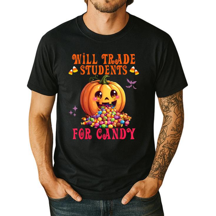 Will Trade Students For Candy Teacher Cute Halloween Pumpkin Men's Casual T-Shirt