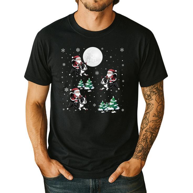 Xmas Tree Santa Riding Boston Terrier Christmas Men's Casual T-Shirt