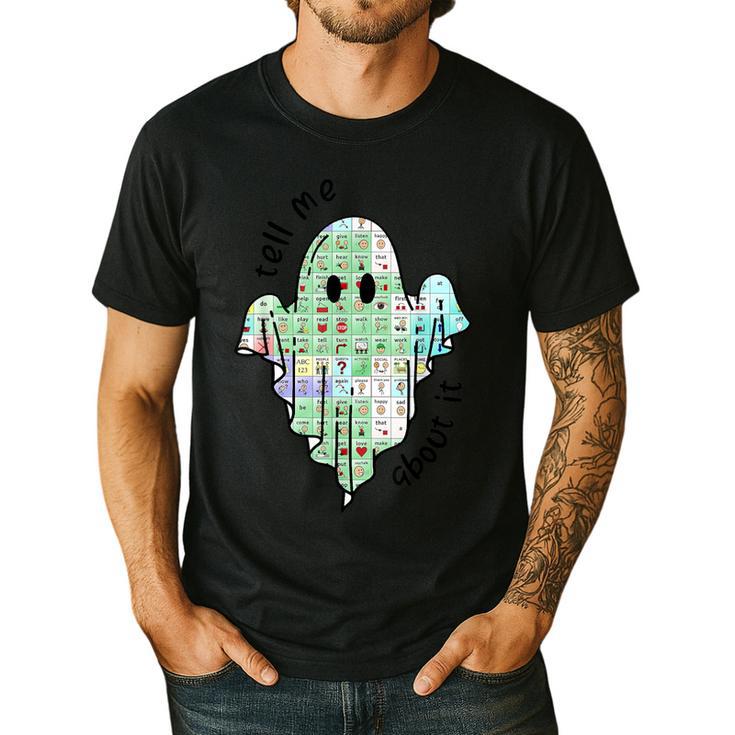 AAC Ghost Tell Me About It Speech Pathology AAC Sped Teacher Men's Casual T-Shirt