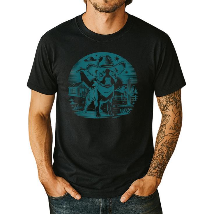 Boston Terrier Cowboy UFO Shirt Vintage Western Dog Mom Tee Men's Casual T-Shirt