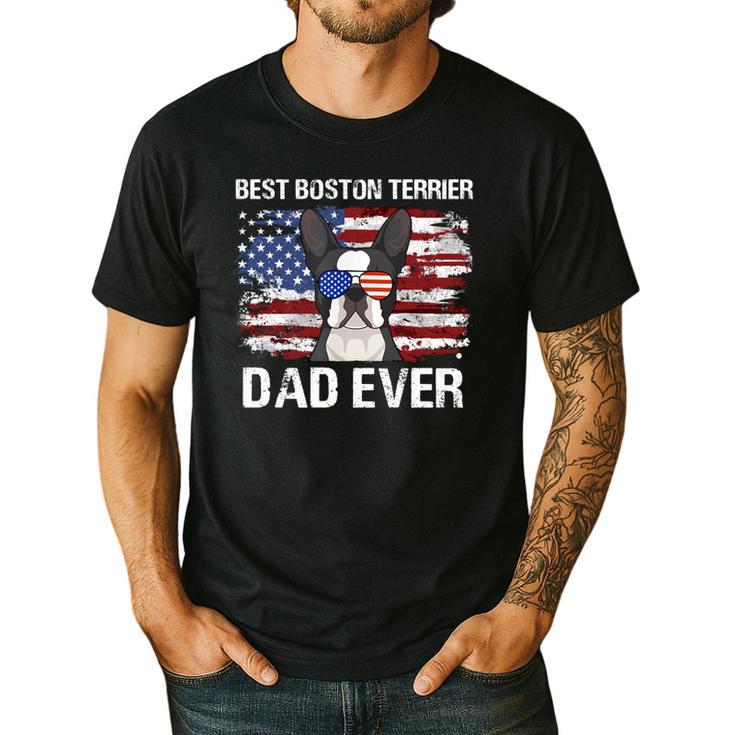Boston Terrier Dad American Flag 4th Of July Dog Fathers Day Men's Casual T-Shirt