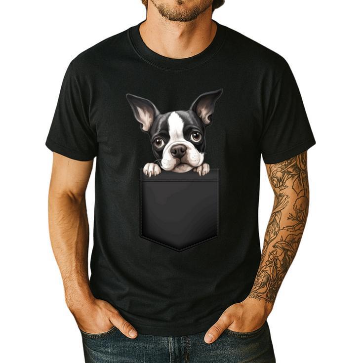 Boston Terrier Dog Puppy Dog In Pocket Cute Pet Lover Men's Casual T-Shirt