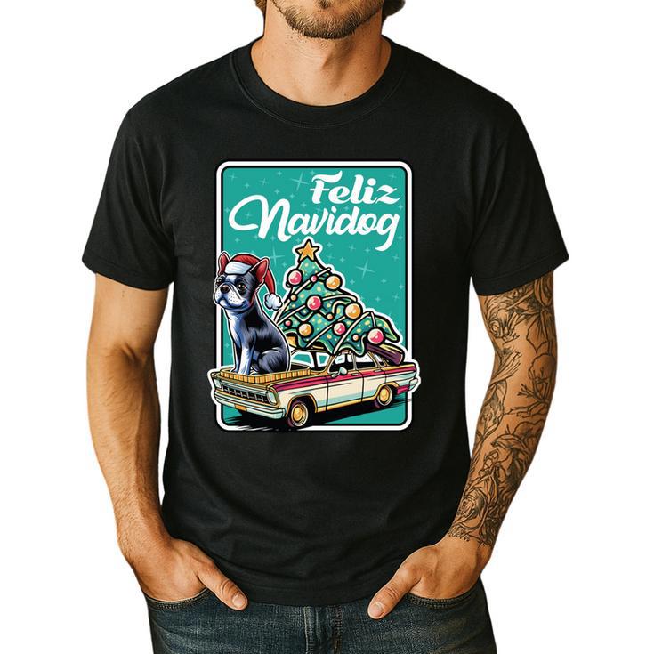 Boston Terrier Merry Christmas Tree Truck Dog X-Mas Men's Casual T-Shirt