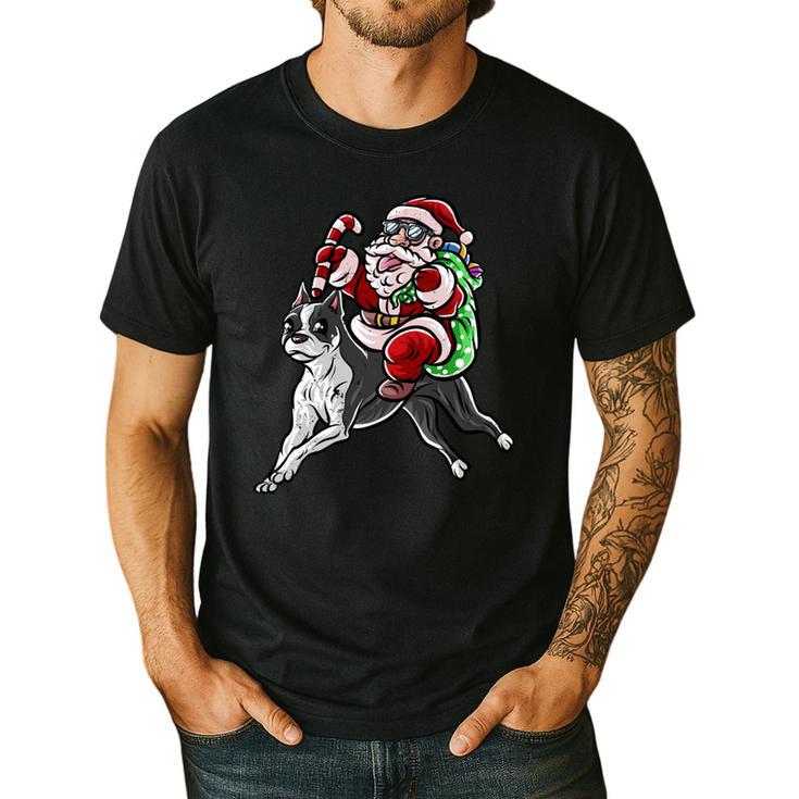 Boston Terrier Santa Claus Hat Merry Christmas Dog X-Mas Men's Casual T-Shirt