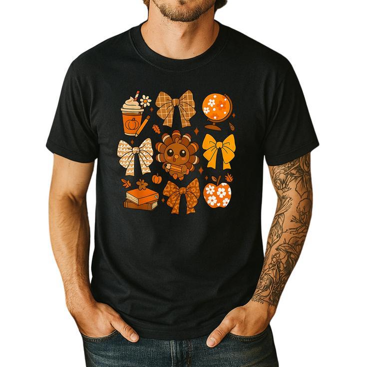 Coquette Teach Teacher Bows Thanksgiving Turkey Fall Autumn Men's Casual T-Shirt