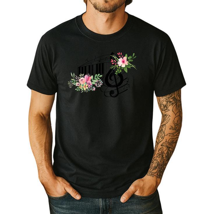 Cut Music Teacher Shirt With a Piano Keys Notes And Flowers Men's Casual T-Shirt