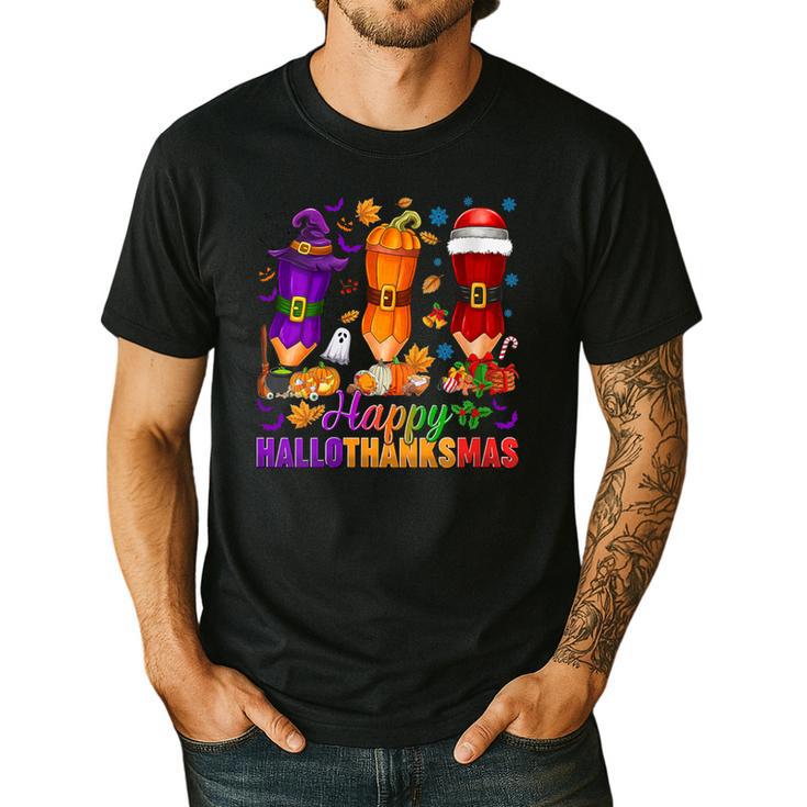 Happy Hallothanksmas Halloween Thanksgiving Pencils Teachers Men's Casual T-Shirt