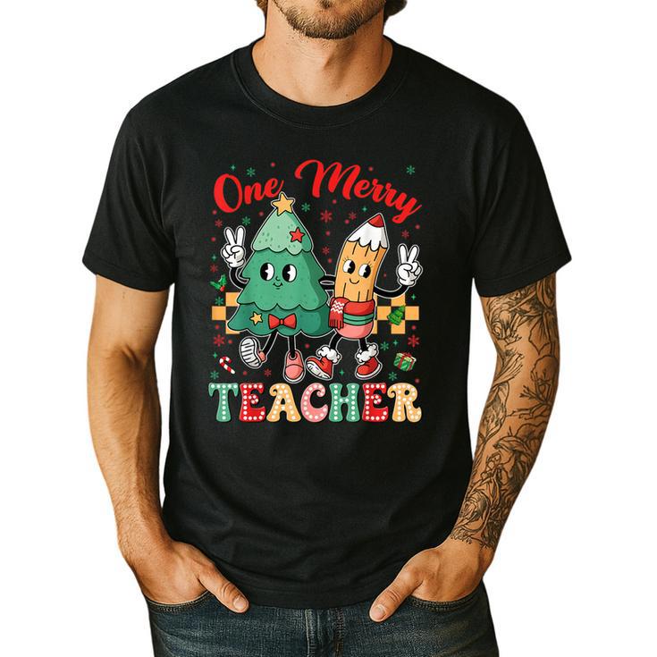 One Merry Teacher Groovy Christmas Tree Pjs Xmas Teacher Men's Casual T-Shirt
